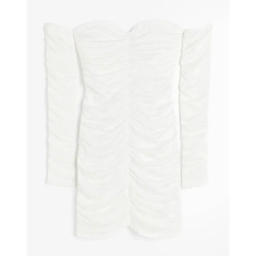 Gathered off the Shoulder Divided cream mini dress w/attached sleeves. NWT, M